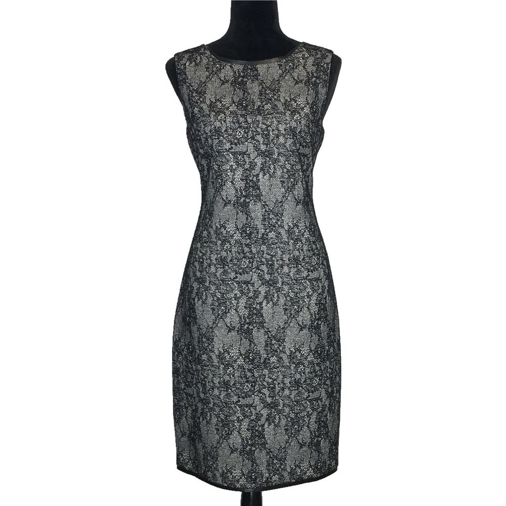 T Tahari Dress 8 White Black‎ Faux Lace Sheath Open V Back Notch Leather Trim LN